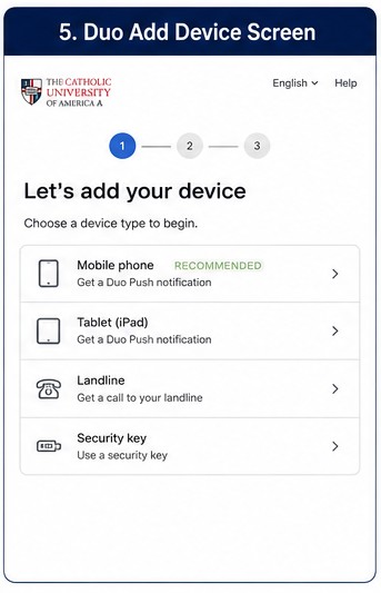 Duo enrollment screen prompting the user to add a phone or device