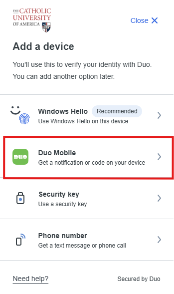 Duo Add a device screen with Duo Mobile highlighted