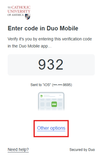Duo verification screen with the Other options link highlighted