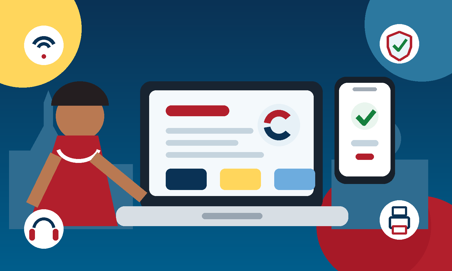 Illustration of a student using a laptop and phone with symbols for Wi-Fi, account security, printing, and support.